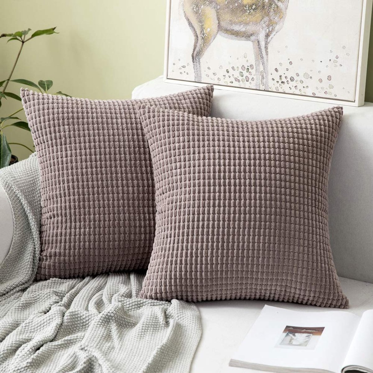 Zachte, effen, decoratieve vierkanten corduroy kussensloop met grote maïskorrels, kussenhoes voor sofa, slaapkamer, 18 x 18 inch / 45 x 45 cm, 2 stuks, askleur