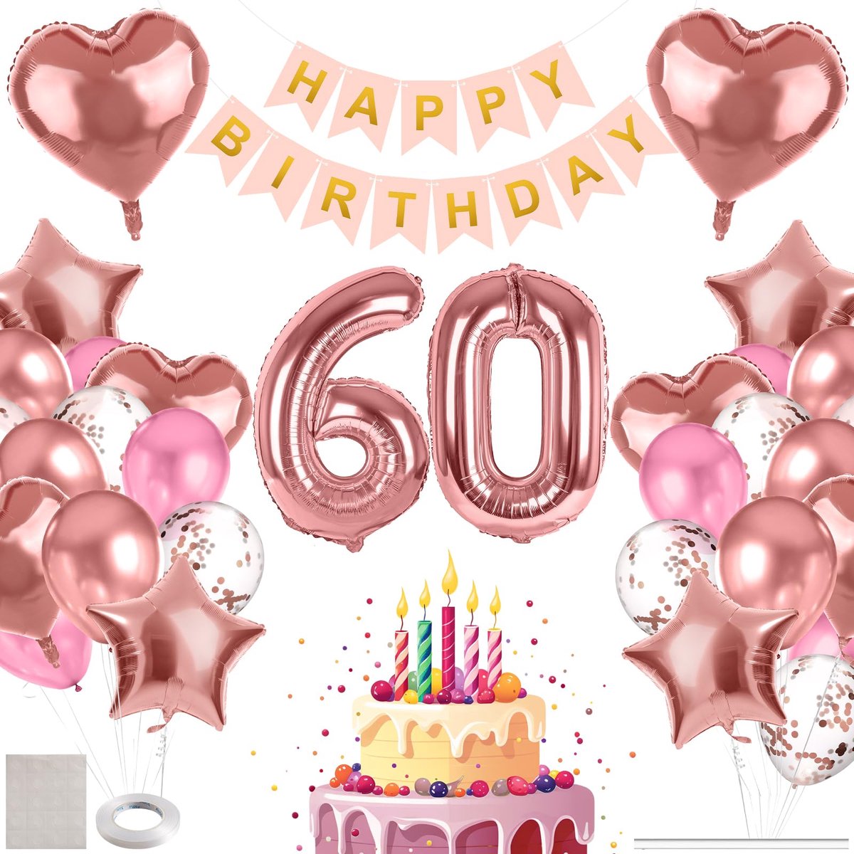60e verjaardag vrouw, 60s verjaardag ballonnen vrouwen, verjaardagsdecoratie 60e met Happy Birthday-banner, groot cijfer 60 folieballon, hart, ster, folieballon, latex confettiballon