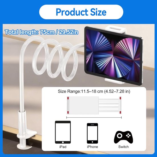 Tablethouder Standaard, Mobiele Telefoonhouder Bed Lange Arm 75cm, Verstelbare Arm In Bed voor Tablet, Flexibele Standaard 360° Draaibaar, voor 11,5-18cm Iphone/Ipad Air/Pro/Tablet/Switch — afbeelding 5