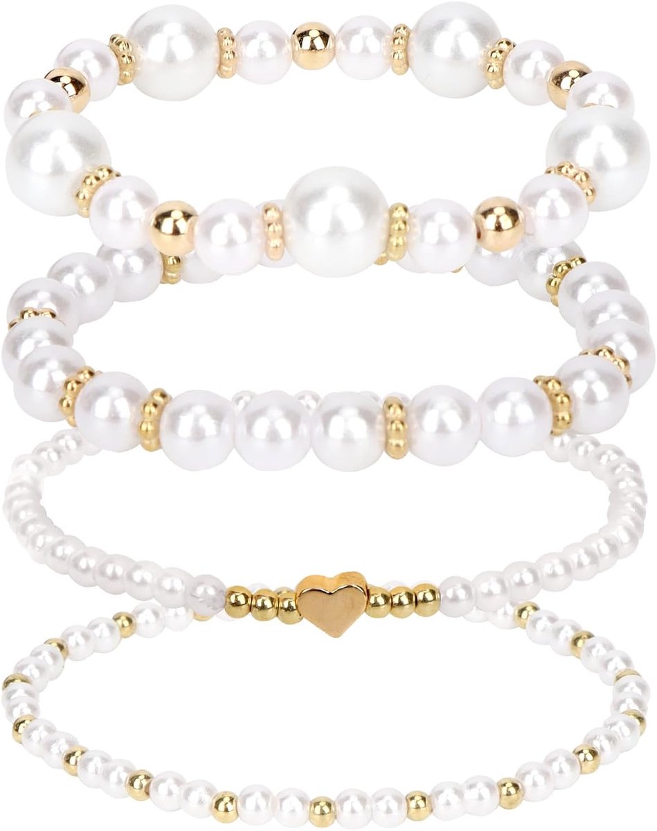 Armbandenset voor dames, 4 stuks gouden parelarmbanden in verschillende stijlen, imitatieparels en gouden bolletjes, verstelbare gevlochten hartarmbanden