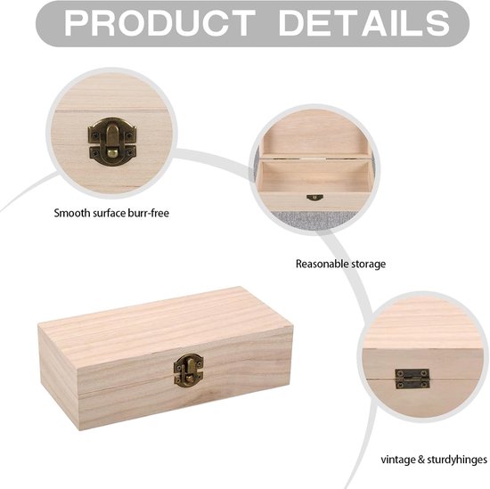 2 stuks houten kist met deksel, 20 x 10 x 6 cm, herinneringsdoos, houten doos met metalen klapsluiting, houten opbergdoos, herinneringsdoos voor knutselen, geschenkdoos, speelgoed, gereedschap — afbeelding 2