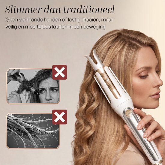 Vrouw met golvend blond haar gebruikt de Sansbeauté automatische krultang. Illustraties tonen negatieve krulresultaten.