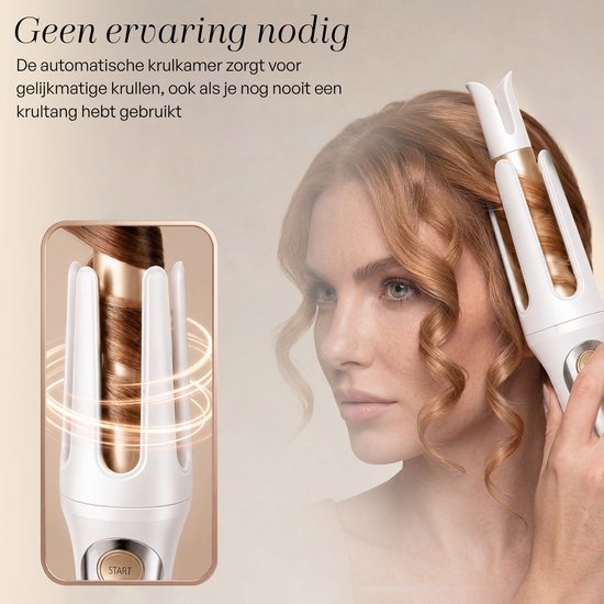 Een vrouw met golvend rood haar gebruikt de Sansbeauté automatische krultang.