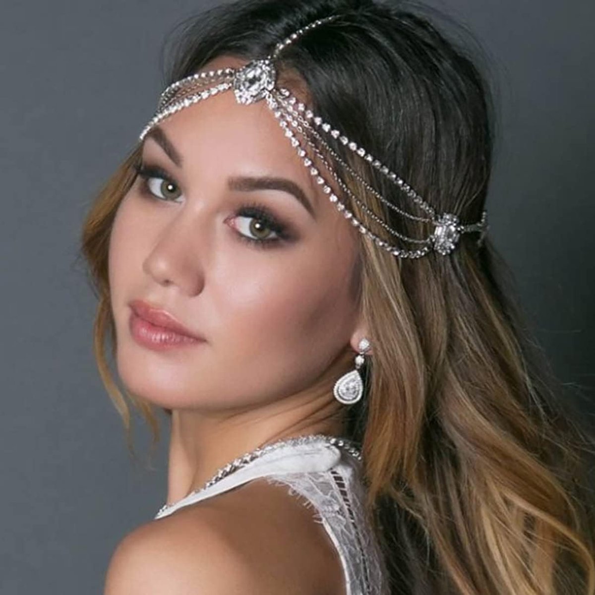 bruids kristal hoofdketting, zilveren hoofdtooi, bruiloft strass hoofdband, haarstuk, feestelijk haarjuweel voor bruid en bruidsmeisjes