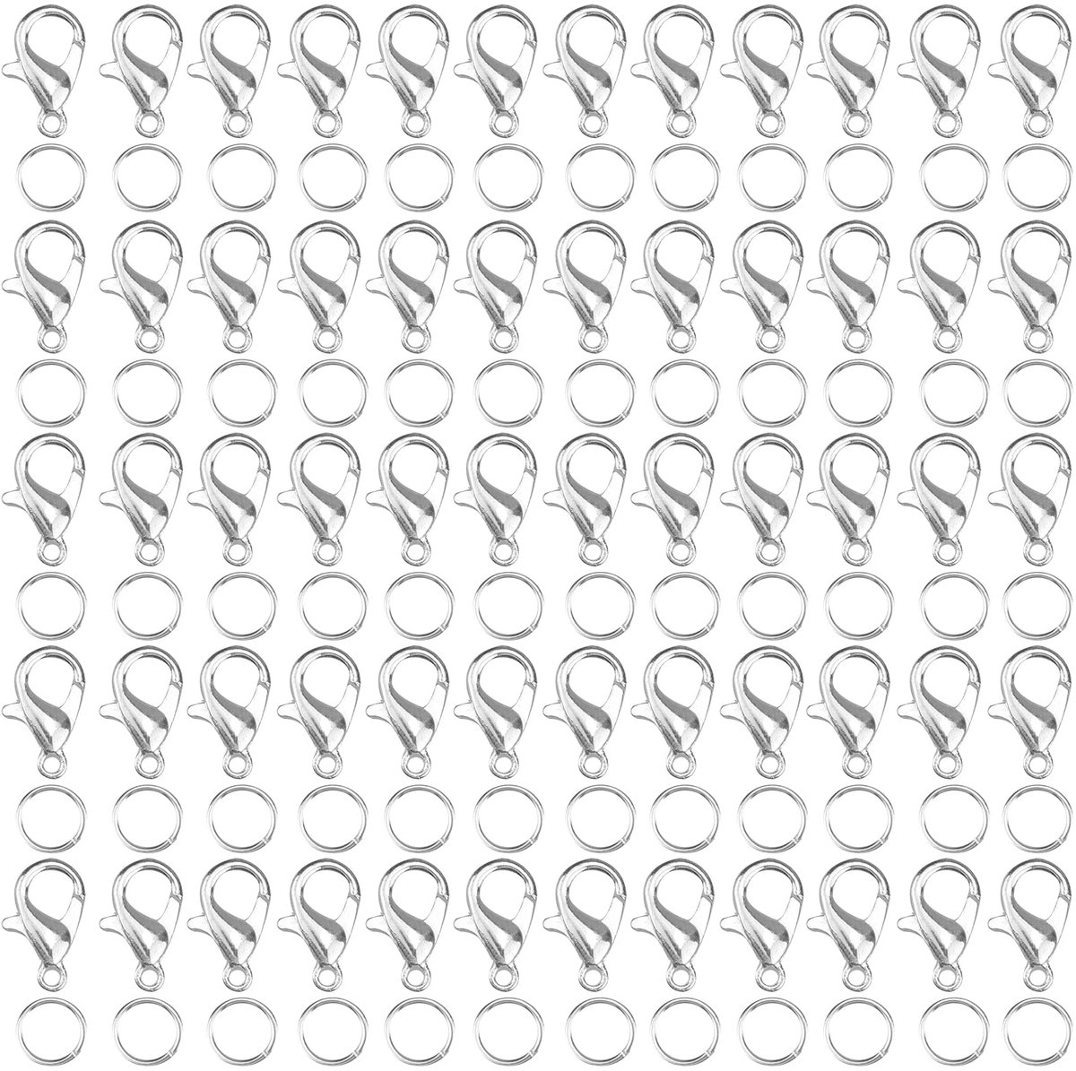 Karabijnsluitingen, sieradenset, 12 x 7 mm, kettingsluiting, zilver en buigringen, open sluitingen voor kettingen, sieradensluitingen voor het maken van sieraden, oorbellen