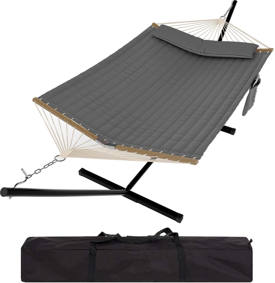 Hangmat Met Stalen Standaard - Schommelbed Outdoor - Draagtas - Afneembaar Kussen En Mat - V-Vorm Spreidstok - 200kg Draagvermogen - Voor Tuin Strand Zwembad Binnen Buiten - Donkergrijs