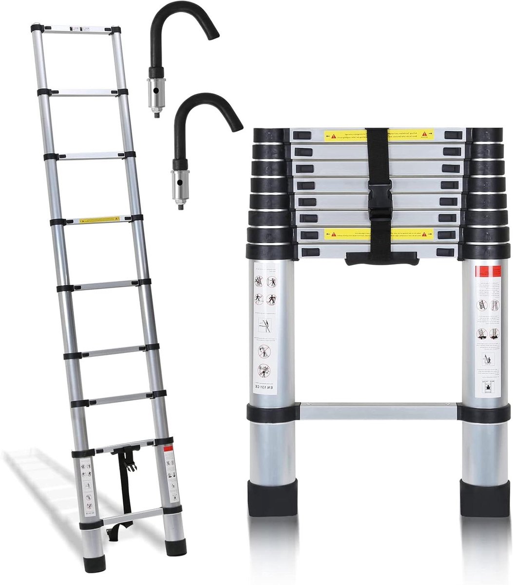 Telescopische Ladder - Uitschuifbare Ladder Opvouwbare Ladder - Huishoudelijk Werk - Met Afneembare Haken - 3.2 m - Zilver