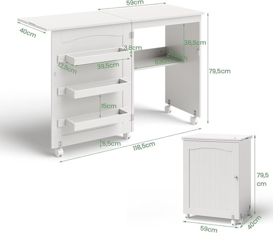 Opvouwbare naaitafel - Naaimachinekast - Hobby en knutselen - Met wielen en opbergruimte - 1185 x 40 x 795 cm — afbeelding 2