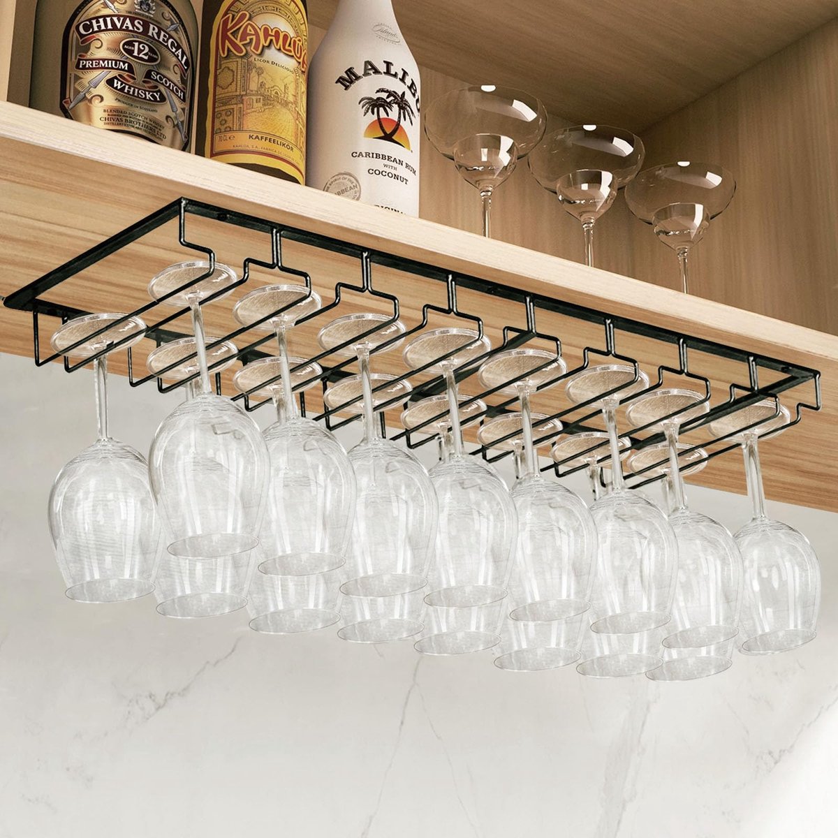 Wijnglashouders, glazenhouders van metaal, hangende wijnglashouder, 2 stuks wijnglashouders onder de kast, glazenhouder voor wijnglazen, steelglazen