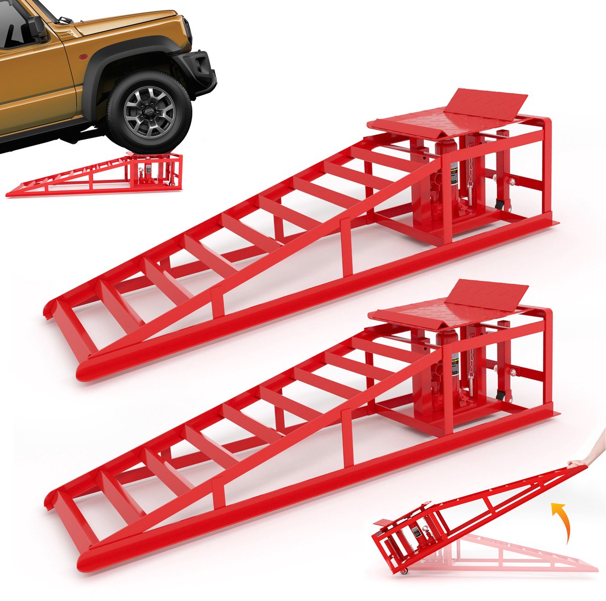 Set van 2 hydraulische hefoprijden met wielen - Inclusief hydraulische krik - Geschikt voor olieverversing en thuisgarage - Verstelbare hefhoogte 23-36 cm - Draagvermogen 5 ton (11065 lbs) - Rood
