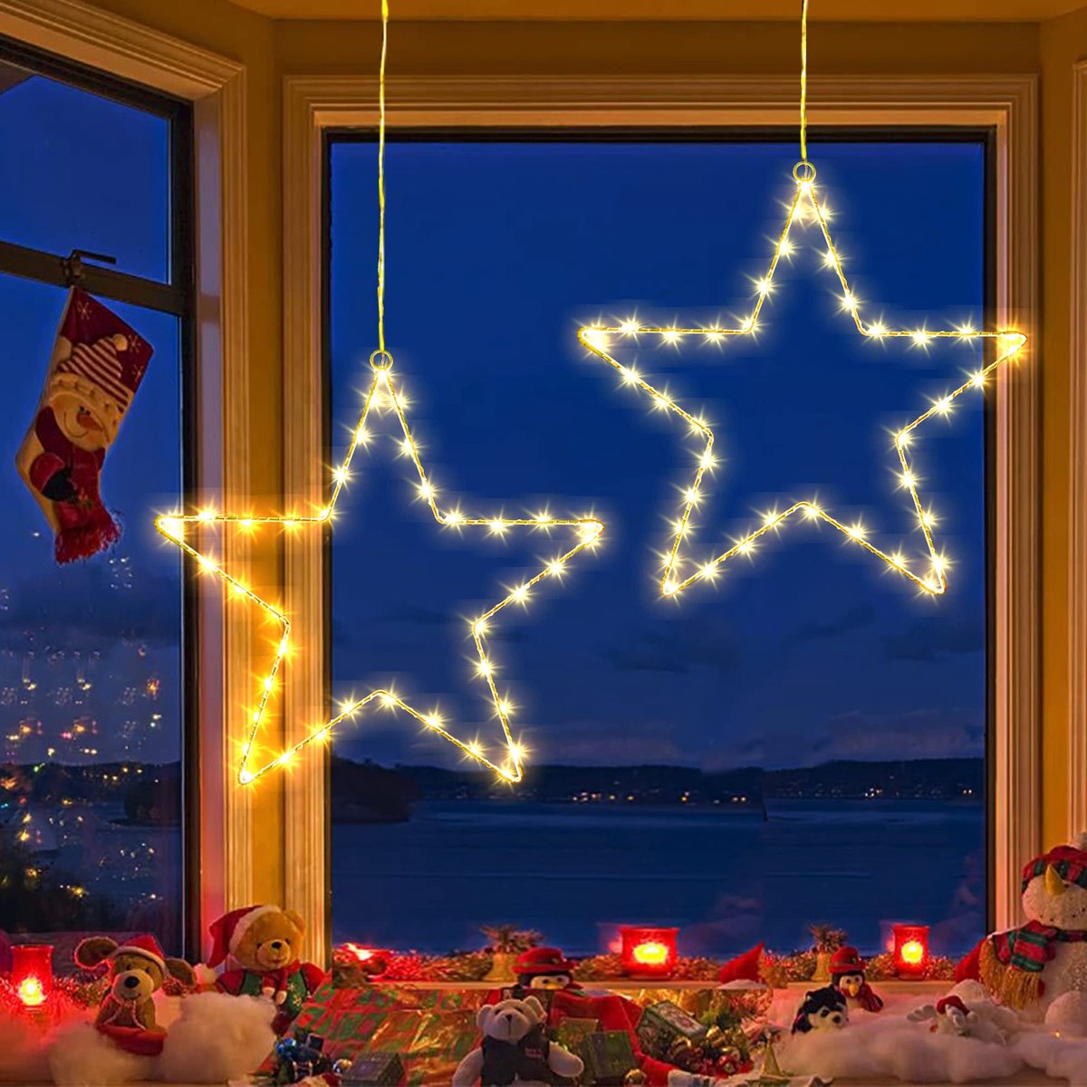Set van 2 kerststerlampen voor buiten, 60 leds, kerstverlichting, ster, werkt op batterijen, decoratie voor binnen, balkon, verjaardagsfeest, bruiloft, raam, balkon, warmwit
