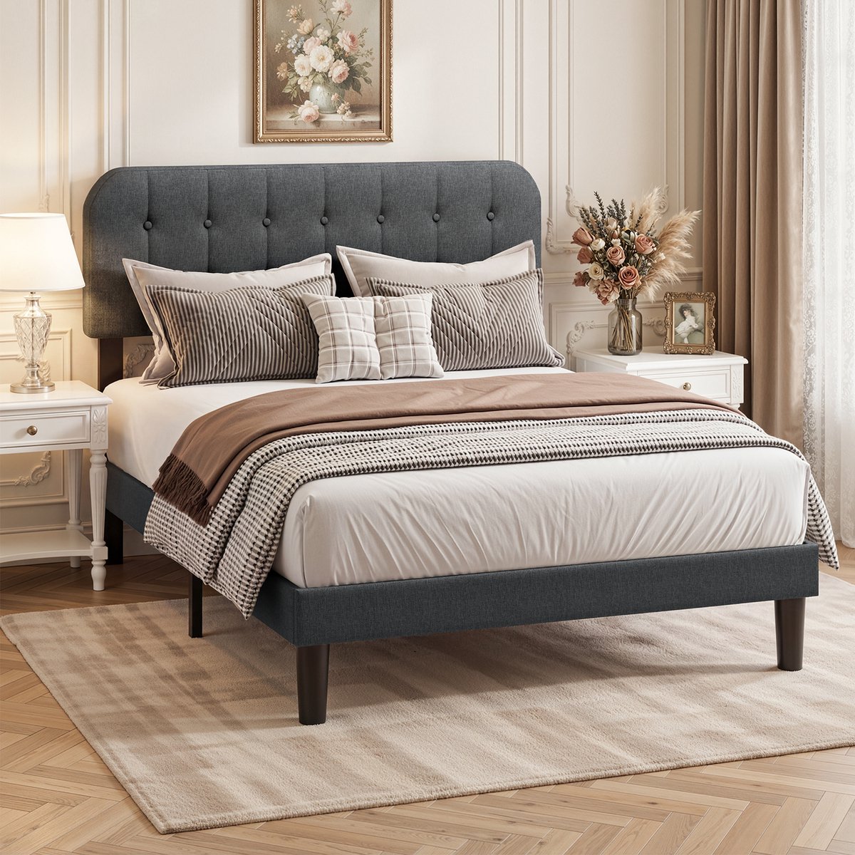 Xbro Gestoffeerd Bed 140 x 200 cm met Verstelbaar Hoofdbord en Lattenbodem, Tweepersoonsbed met 20 cm Opbergruimte, Eenvoudige Montage,Donkergrijs