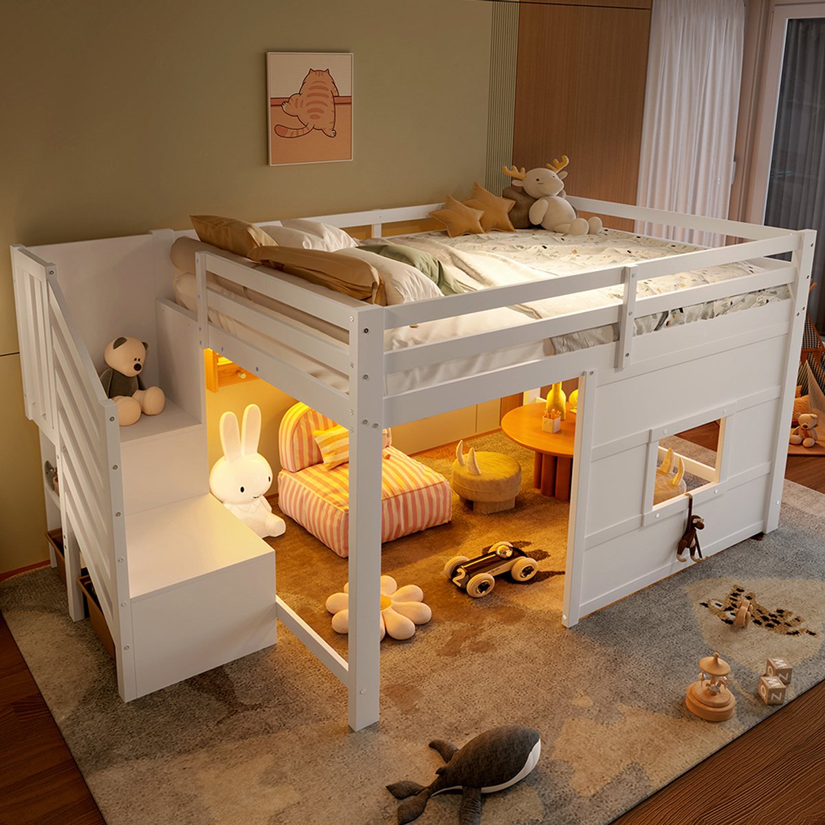 YEHTOKHOME Hoogslaper 140 x 200 cm, Kinderbed, met opbergtrap en raam, ledverlichting, valbeveiliging, lattenbodem, wit, zonder matras