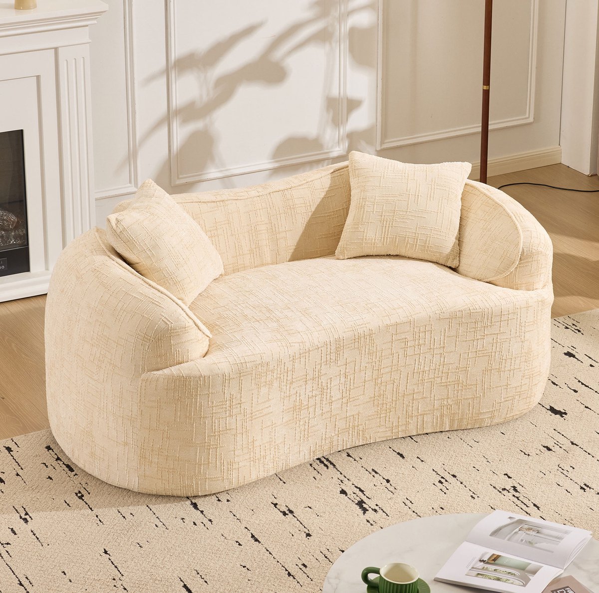 FloraGrace Zitbank 170 Cm - Gebogen 2-Zitsbank Met Armleuningen En 2 Kussens - Comfort Voor Woonkamer Slaapkamer Of Kantoor - Foam En Veren - Beige