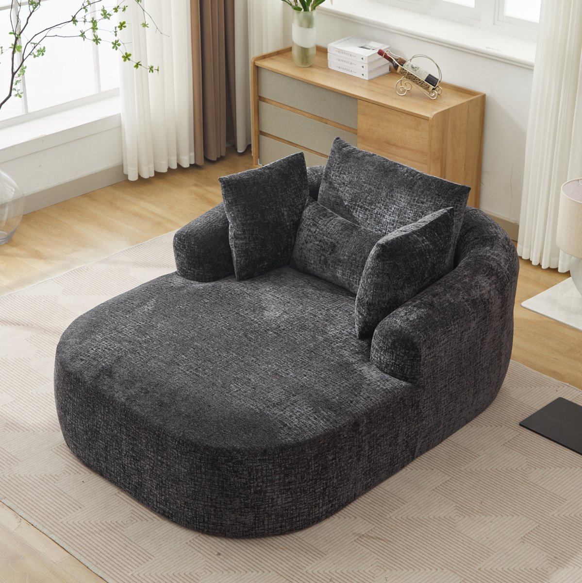 FloraGrace Chaise Longue – 1-Zits Slaapbank Met Armleuningen – Zacht Gepolsterd Voor Woonkamer Of Slaapkamer – Ribstof – Zwart