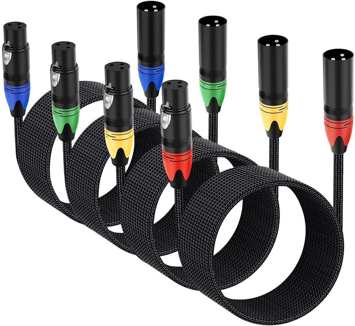 XLR Microfoonkabels - Microfoon Kabel Set - Muziek Opnemen - Gevlochten Nylon Bescherming - 4 x 7.5 meter - Zwart