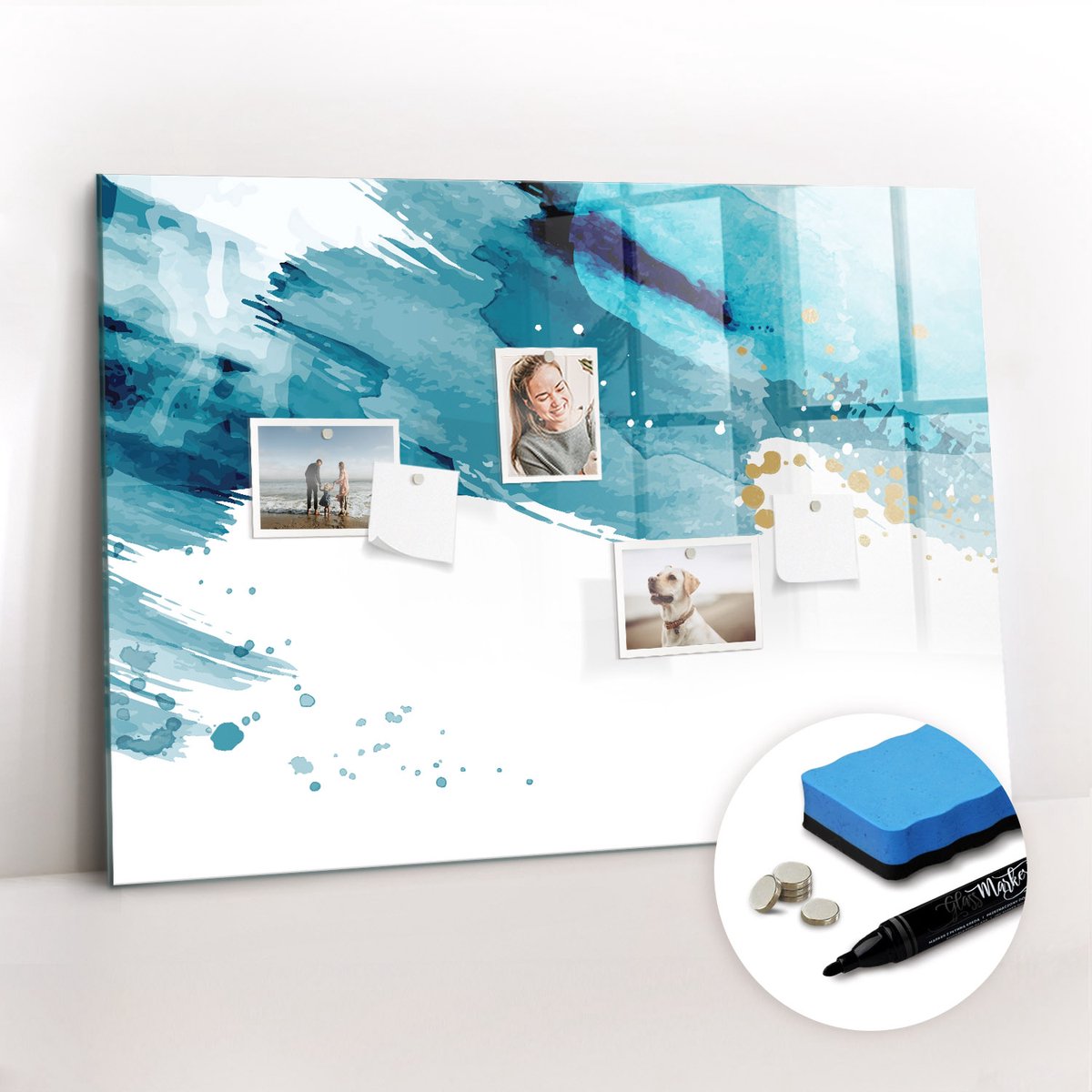 Tulup Whitebord - Penseelstreken - 100 x 70 cm - Turkoois Magneetbord Foto - Gratis 5 Sterke Magneten + Whiteboard Marker & Wisser - Minimalistisch Prikbord - Memo Magneetbord - Planning Muur