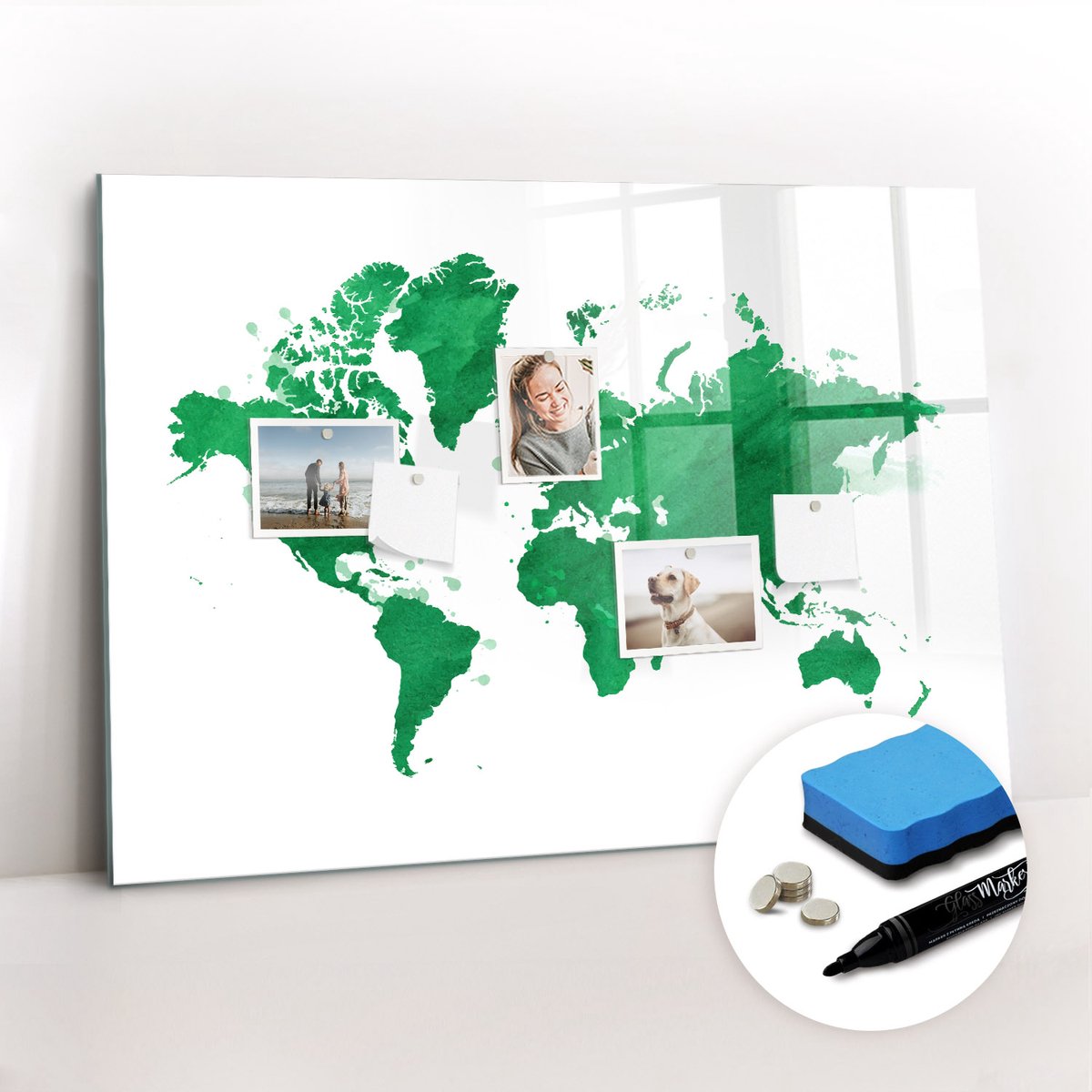 Tulup Whitebord - Groene wereldkaart - 100 x 70 cm - Groente Magnetisch Bord Kind - Inclusief Gratis Magneten & Marker & Spons - Wanddecoratie Kantoor - Memobord Glas - Inspiratiebord Kantoor