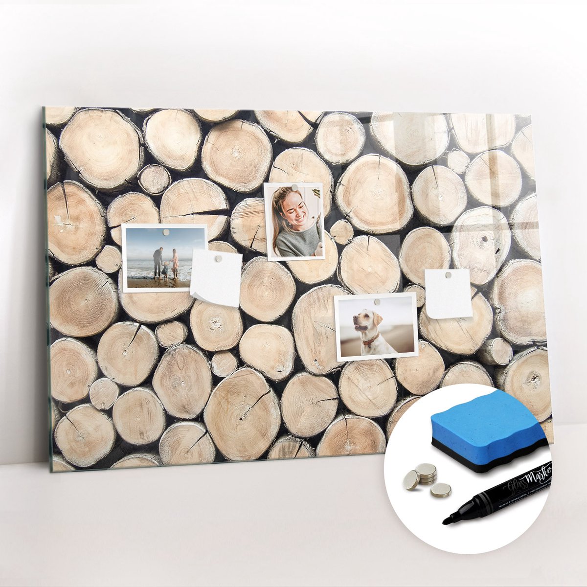 Tulup Whitebord - Boomstronken afzagen - 90 x 60 cm - Bruin Memo Magneetbord - Gratis 5 Sterke Magneten + Whiteboard Marker & Wisser - Minimalistisch Prikbord - Foto Magneetbord - Organiseer Je Bureau