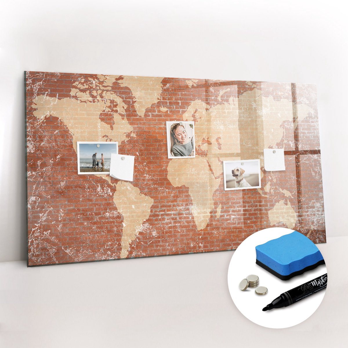 Tulup Whitebord - Wereldkaart op baksteen - 120 x 60 cm - Bruin Magneetbord Foto - Gratis 5 Sterke Magneten + Whiteboard Marker & Wisser - Minimalistisch Prikbord - Foto Magneetbord - Organiseer Je Bureau