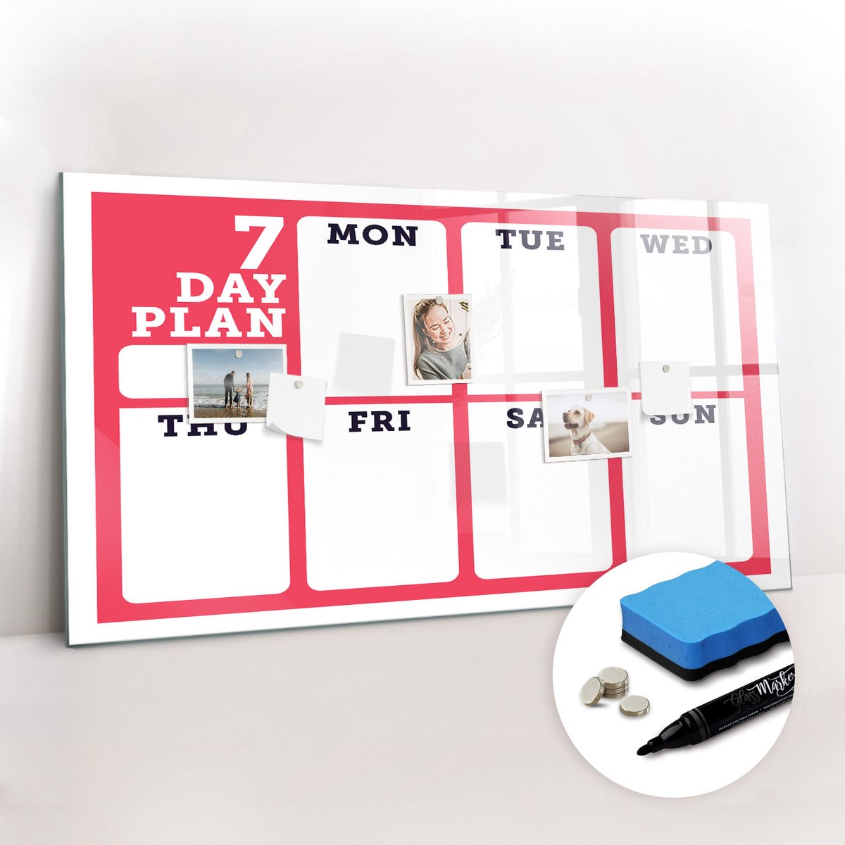 Tulup Whitebord - Klassieke weekplanner - 120 x 60 cm - Rood Foto Magneetbord - Gratis 5 Sterke Magneten + Whiteboard Marker & Wisser - Design Memobord - Magnetic Board - Inspiratiebord Kantoor