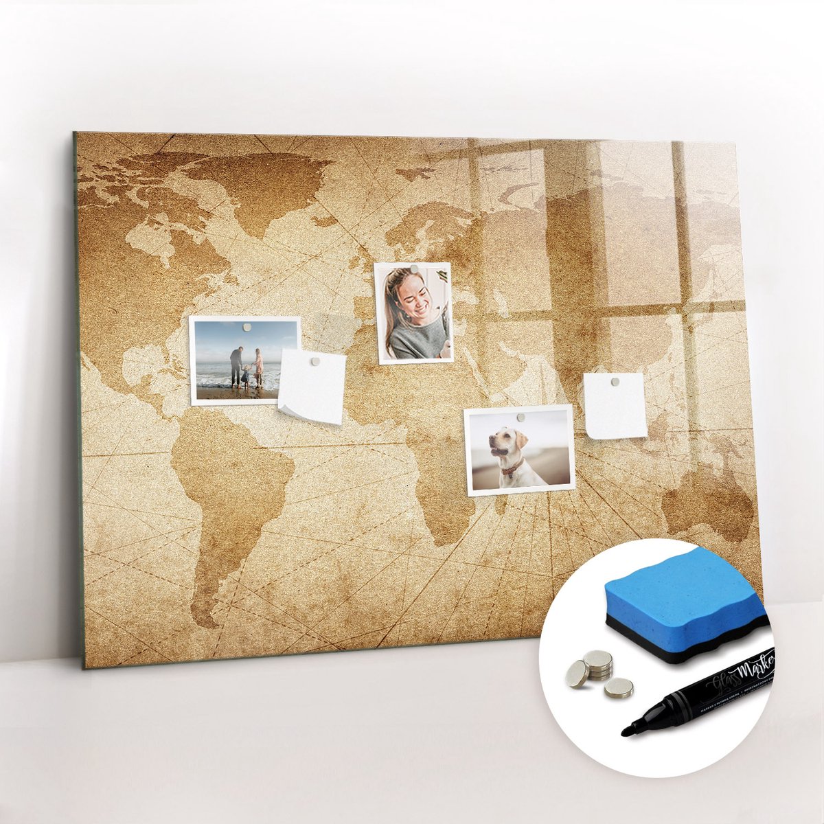 Tulup Whitebord - Vintage retro wereldkaart - 100 x 70 cm - Bruin Magneetbord Design - Gratis 5 Sterke Magneten + Whiteboard Marker & Wisser - Industrieel Wandbord - Magneetbord Muur - Inspiratiebord Kantoor