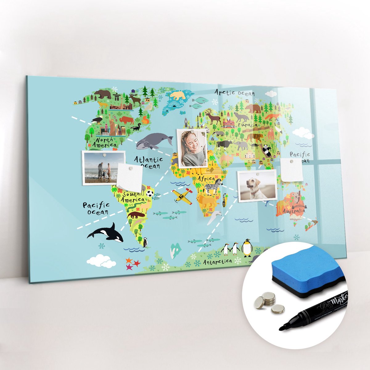 Tulup Whitebord - Geïllustreerde wereldkaart - 120 x 60 cm - Veelkleurig Foto Magneetbord - Gratis 5 Sterke Magneten + Whiteboard Marker & Wisser - Industrieel Wandbord - Magneetbord Keuken - Inspiratiebord Kantoor