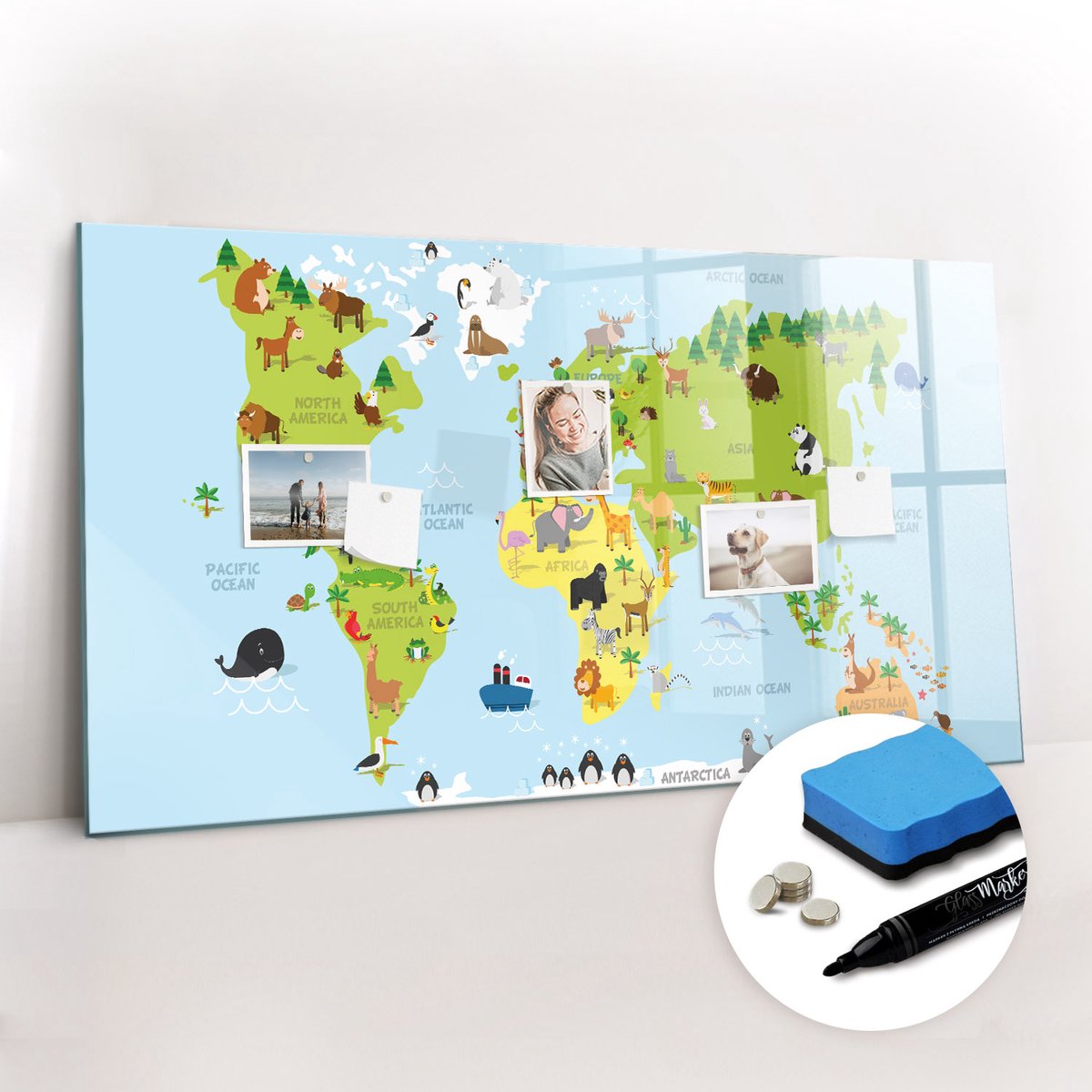 Tulup Whitebord - Wereldkaart voor kinderen - 120 x 60 cm - Veelkleurig Magnetisch Memobord - Gratis 5 Sterke Magneten + Whiteboard Marker & Wisser - Design Memobord - Memo Bord - Ideeënbord Thuiswerkplek