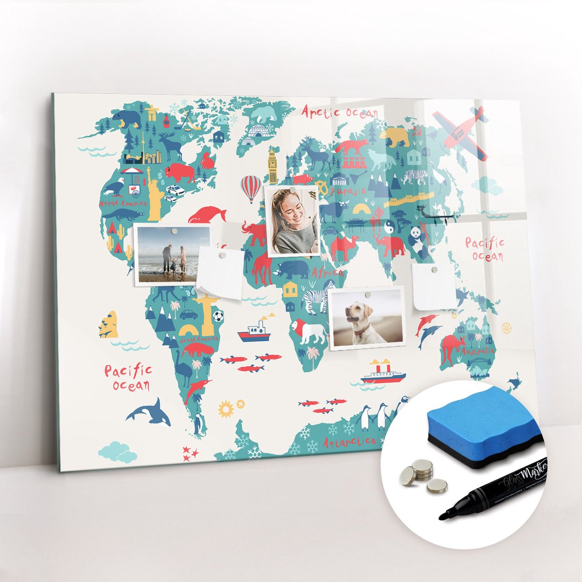 Tulup Whitebord - Picturale wereldkaart - 100 x 70 cm - Veelkleurig Magnetisch Wandbord - Gratis 5 Sterke Magneten + Whiteboard Marker & Wisser - Minimalistisch Prikbord - Magnetisch Bord Kind - Planning Muur