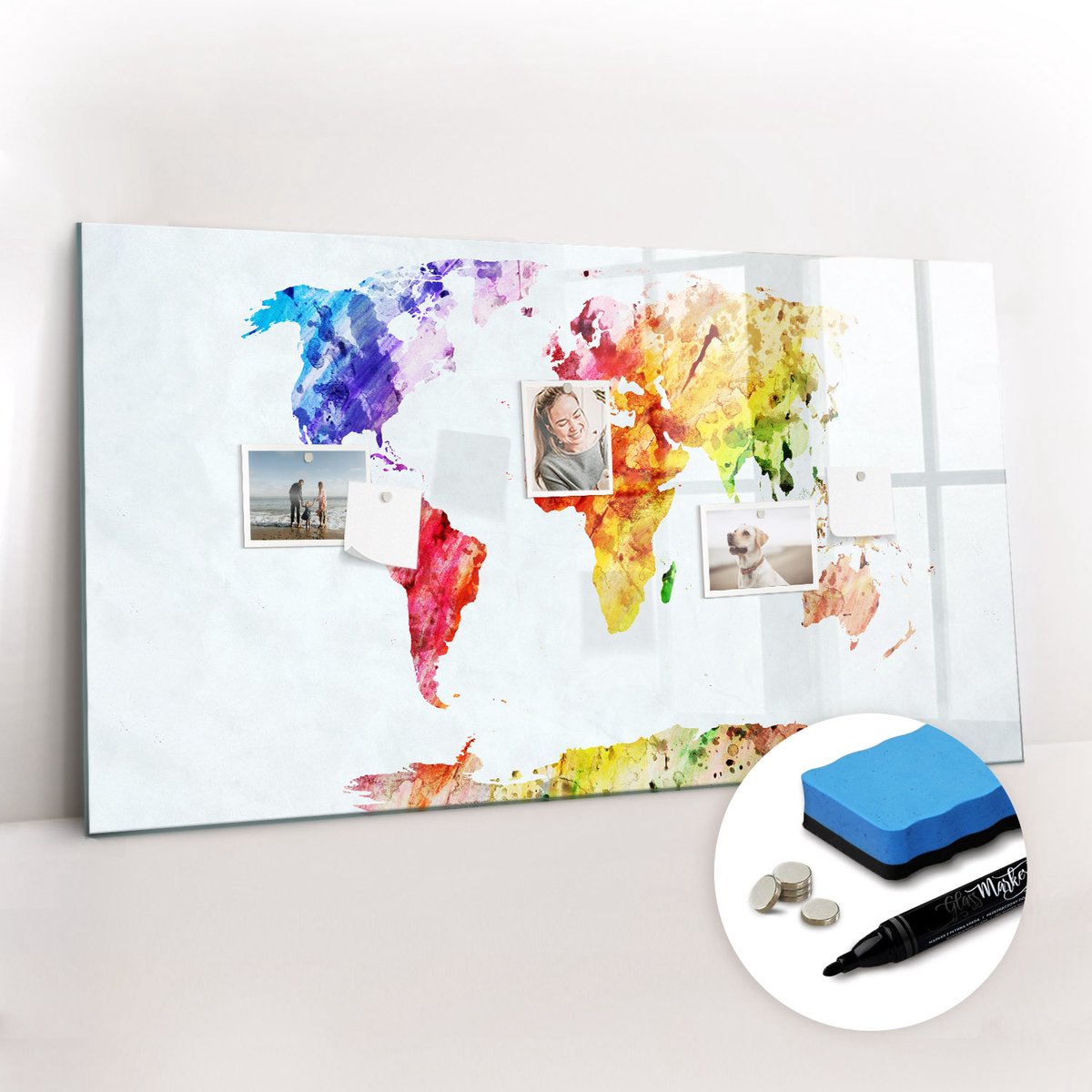 Tulup Whitebord - Wereldkaart in aquarel - 120 x 60 cm - Veelkleurig Memo Magneetbord - Gratis 5 Sterke Magneten + Whiteboard Marker & Wisser - Moderne Wanddecoratie - Memobord Keuken - Planning Muur