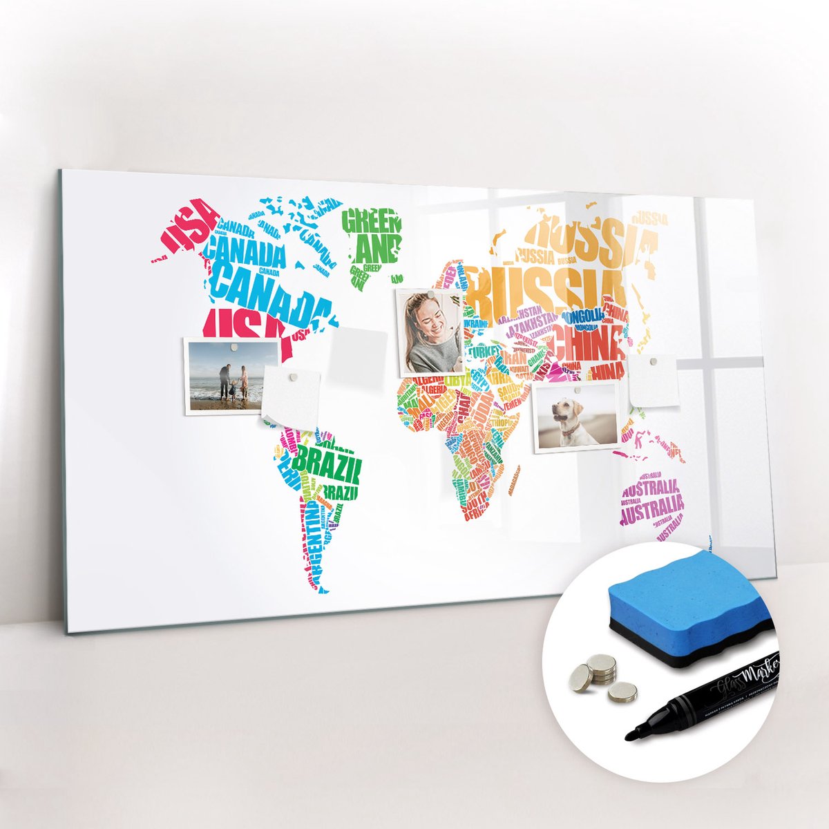 Tulup Whitebord - Kleurrijke landnamen - 120 x 60 cm - Veelkleurig Memobord Magnetisch - Gratis 5 Sterke Magneten + Whiteboard Marker & Wisser - Wanddecoratie Kantoor - Magnetisch Bord - Inspiratiebord Kantoor