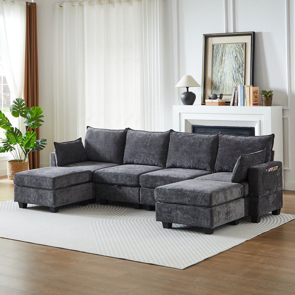 FloraGrace U-Bank – 289,6 x 141 x 87,6 cm – Modulair Met Opbergruimte En Slaapfunctie – Voor Woonkamer – Chenille – Grijs