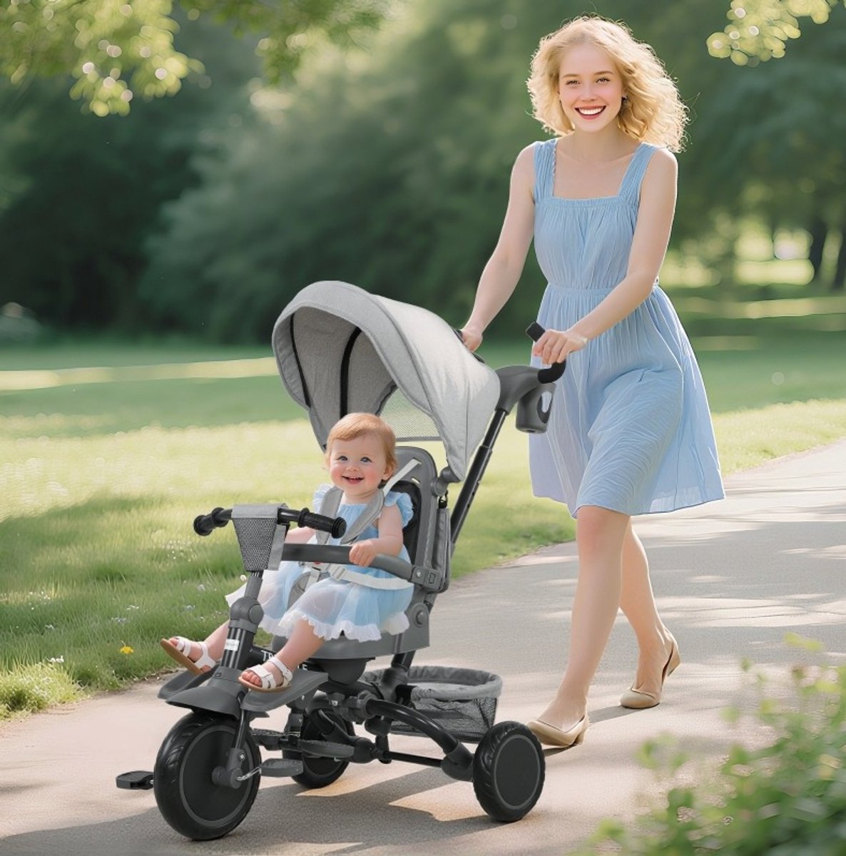 MEUNIQ 6-in-1 kinderdreirad buggy 111,5 x 52 x 98 cm met 360° draaibare zitting, verstelbare rugleuning, verstelbare duwstang en opvouwbaar ontwerp in grijs