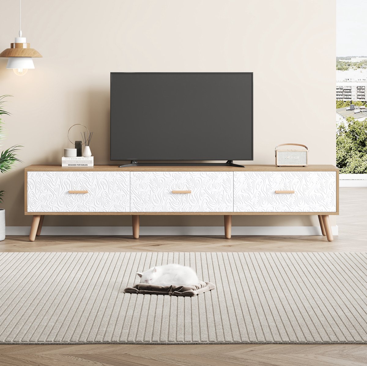 HAUSS SPOLE Dressoir - Vintage TV Meubel Met 3 Lades - Voor Woonkamer En Slaapkamer - Spaanplaat En Houten Poten - 150x35x39 Cm - Wit Licht Hout