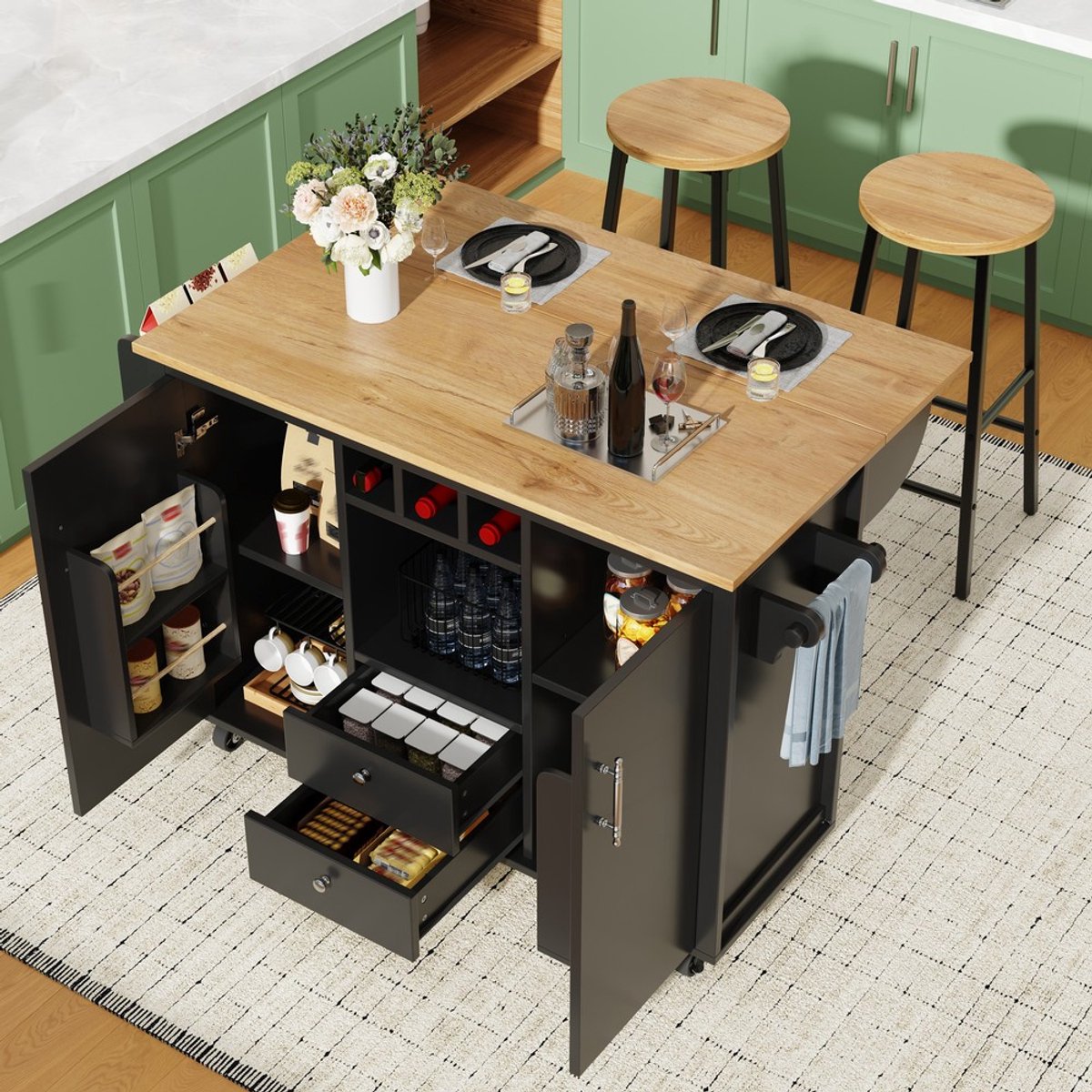 KOMHTOM Serveerwagen met barkrukken - 2 krukken - uitklapbaar werkblad - handdoekhouder - kruidenrek - wijnrek - verstelbare legplanken - keukentrolley - zwart - voor eetkamer woonkamer balkon bar