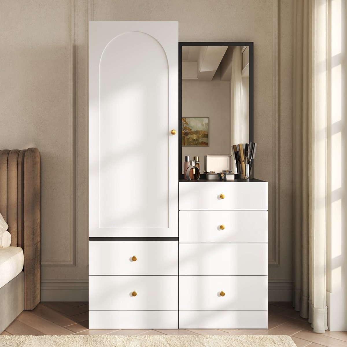 KOMHTOM Kledingkast met Spiegel - Commode met Lades - Make-up Tafel met Krukje - Opbergkast Slaapkamer - MDF Hout - Metalen Handgrepen - Wit