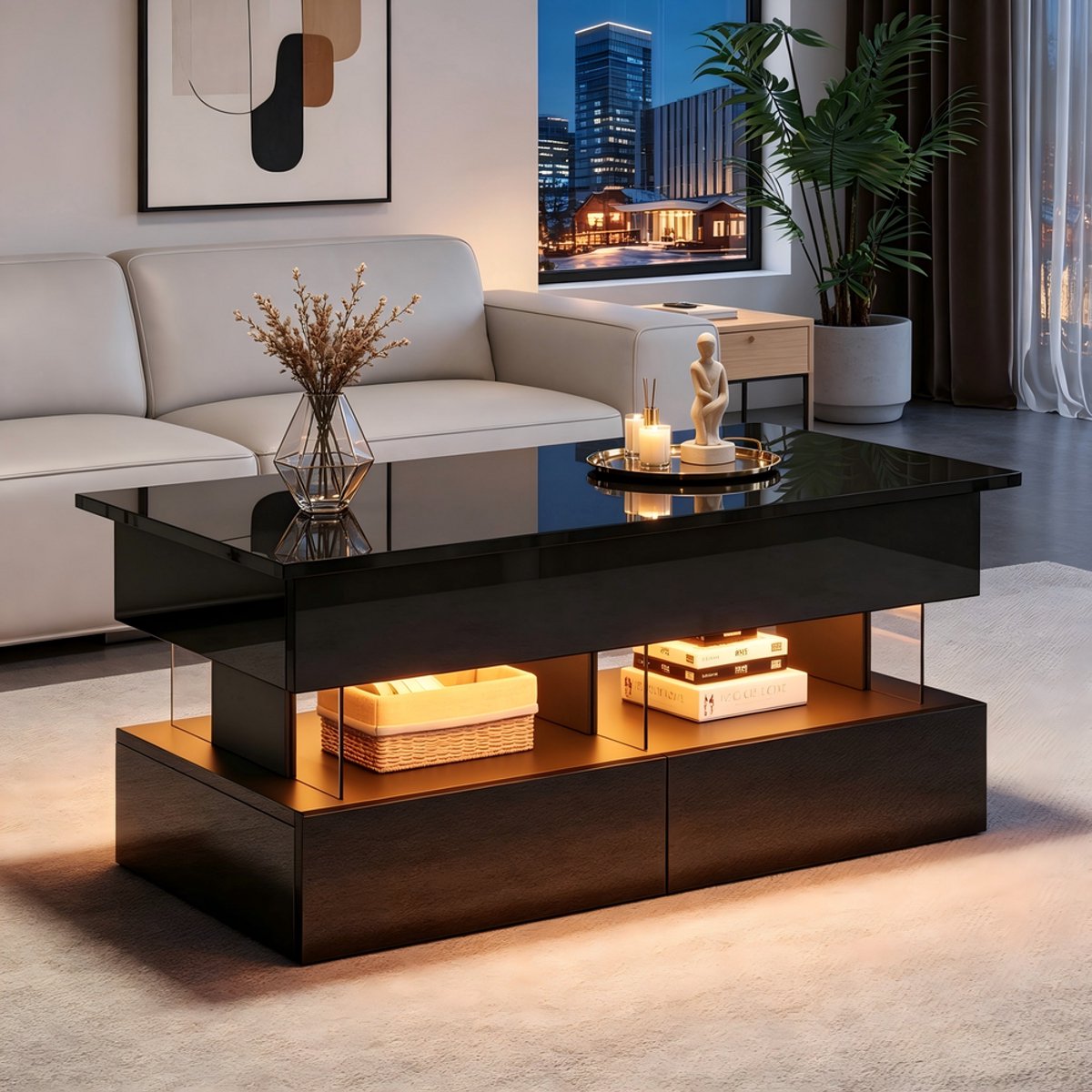KOMHTOM Salontafel - Zwart Hoogglans - Verstelbaar Tafelblad - Met LED Verlichting - 2 Lades - Verborgen Opbergruimte - MDF Acryl - Modern Design - 100x50x46cm - Woonkamer Bijzettafel