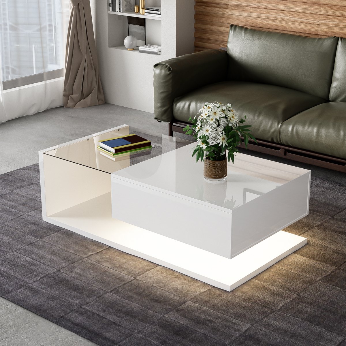 HAUSS SPOLE Salontafel - Wit Hoogglans Met Glasplaat En 16-Kleuren Led - Met Opbergvak Voor Woonkamer - Spaanplaat - 105x55x32,5 Cm