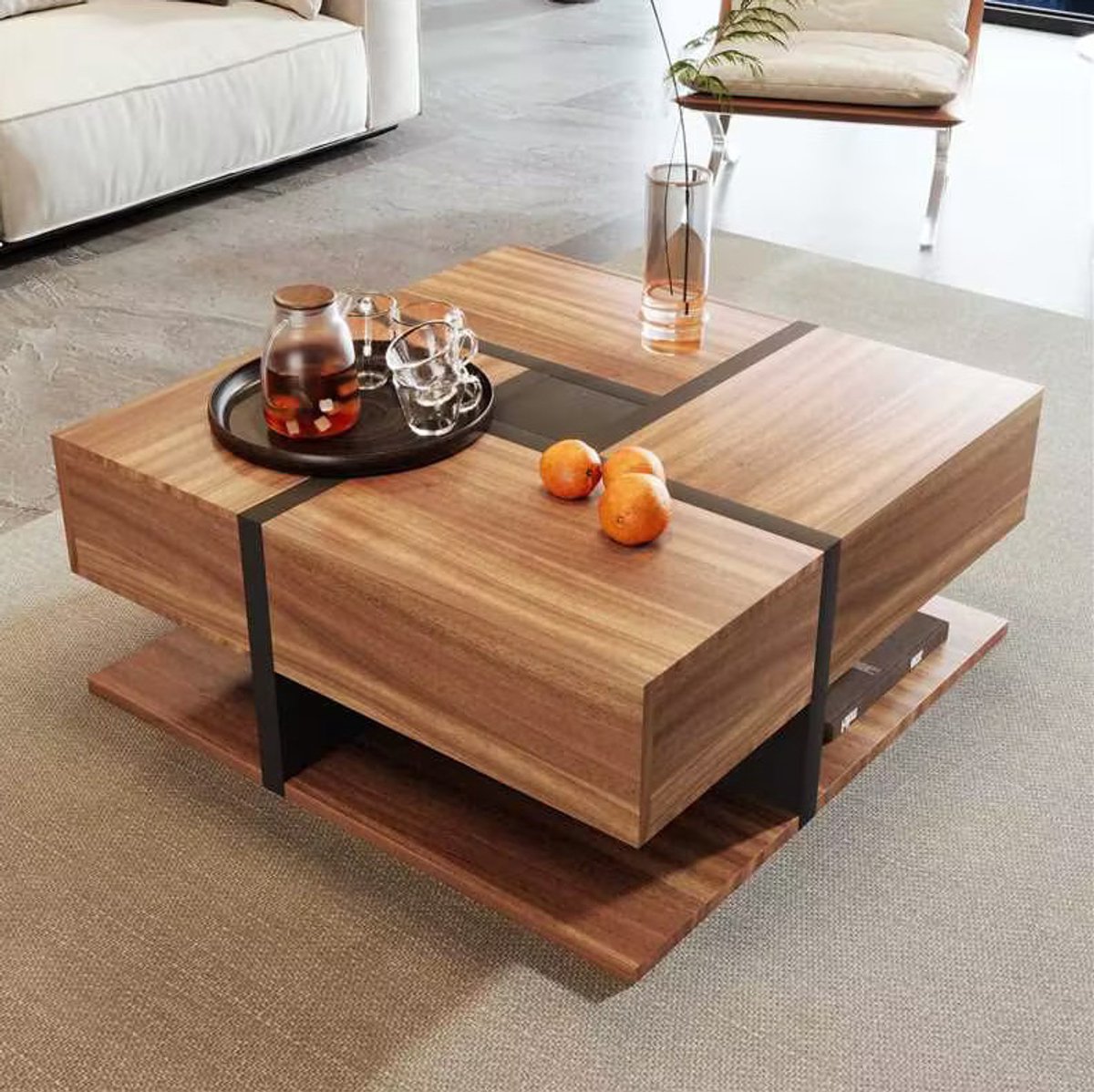 HAUSS SPOLE Salontafel - Vierkante Tafel Met 4 Lades En Onderplank - Voor Woonkamer - Spaanplaat - 78x78x36 Cm - Zwart En Naturel