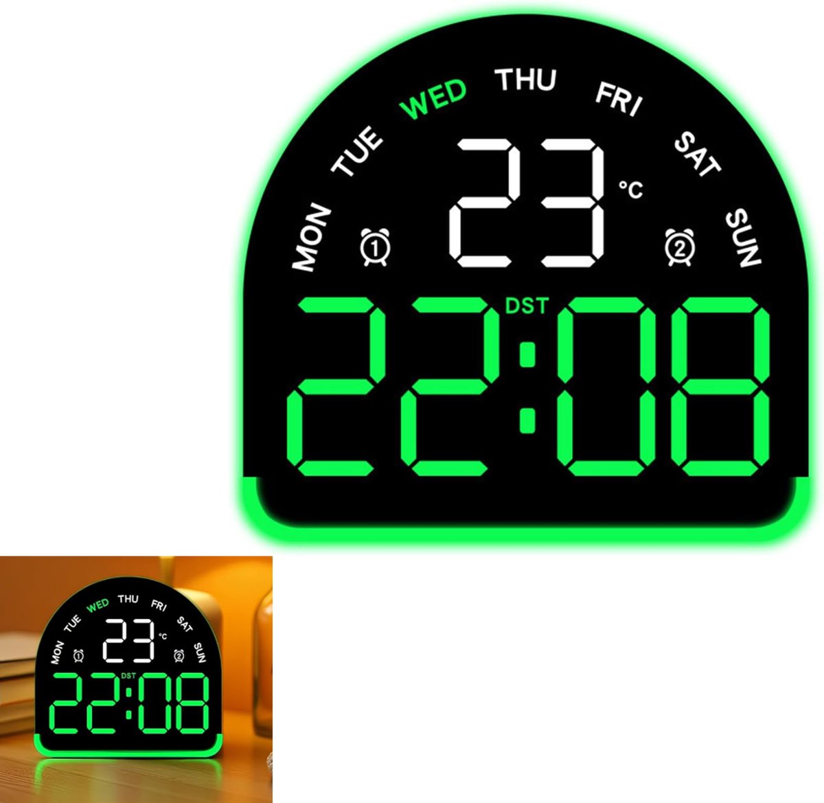 KZQ Digitale bureauwekker met sfeerverlichting - Dubbele alarmfunctie en temperatuurweergave - 3 helderheidsniveaus met datum week en snooze - Voor thuis en kantoor - Groen