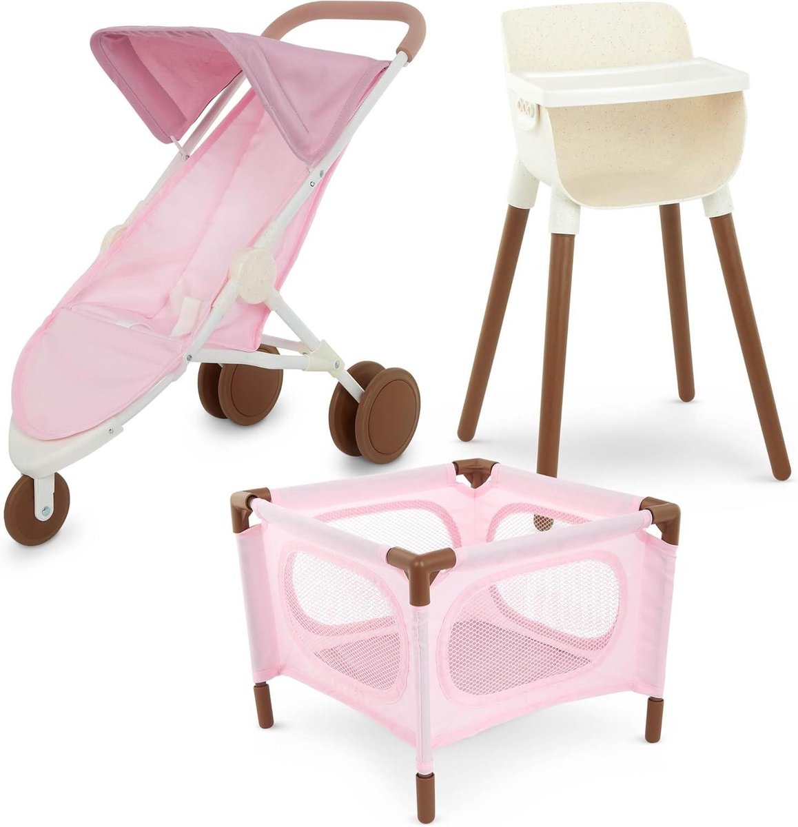 Poppen Verzorgingsset - Poppenhuis meubels - Poppen verzorgen - Inclusief hoge stoel en buggy - 14 inch - Lichtroze