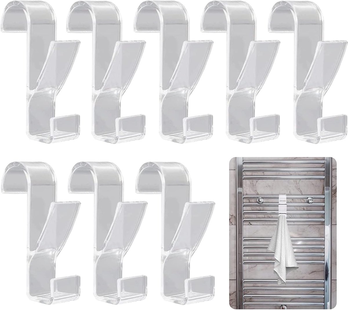 Hakken voor radiatoren, 8 stuks haken voor ronde radiator, ronde radiator, haken, handdoekhaken, handdoekhaak, radiatorhaak, badjas, haken, voor alle standaard radiatoren (transparant)