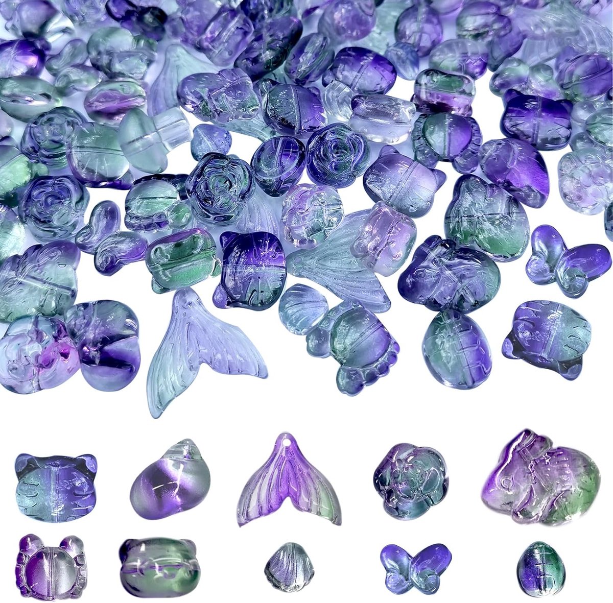 Tsjechische glazen ballen (100 stuks) voor het maken van sieraden, 10 vaste vormen van dieren of insecten afstandhouders losse voor de meeste grote bedelarmbanden