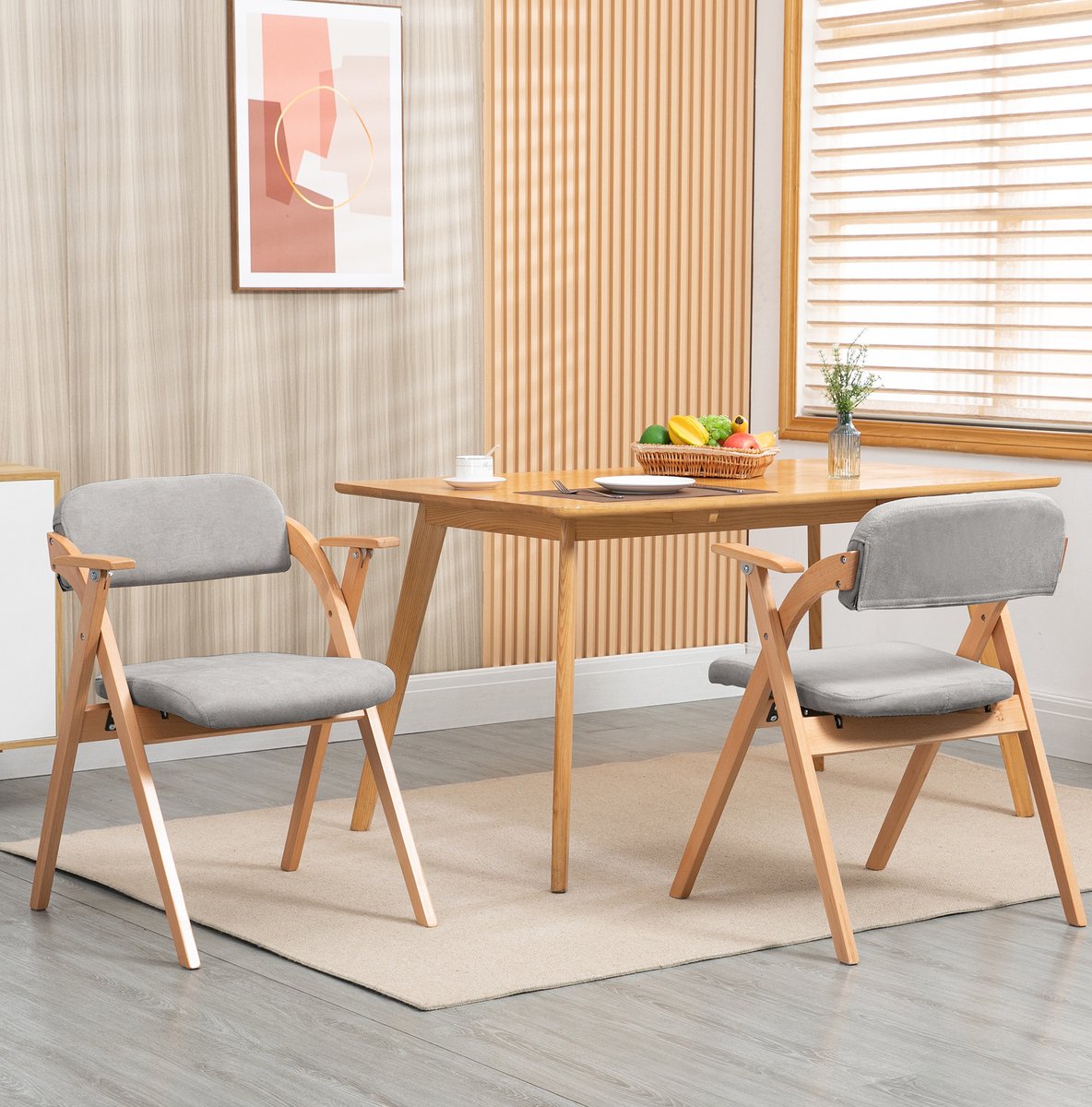 DESMIU Inklapstoel 60 x 53 x 79 cm - Met Armleuning En Opgevulde Zitting - Set Van 2 Voor Keuken, Eetkamer En Feest - Beukenhout Grijs