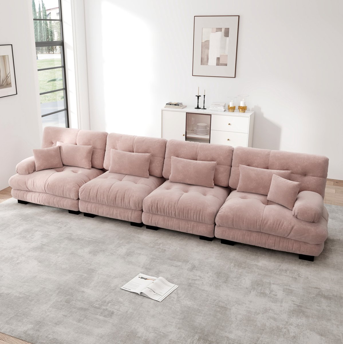 FloraGrace Hoekbank – 4-Zits Modulaire Bank Met Diepe Zitting – Comfortabel Gepolsterd Voor Woonkamer, Appartement Of Kantoor – Chenille – Roze