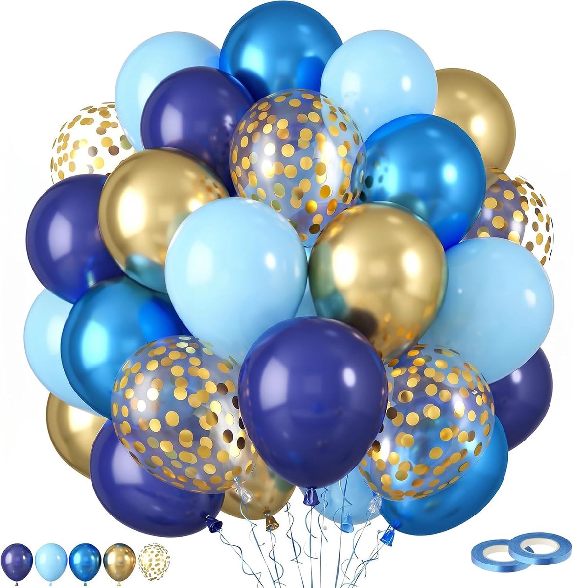 Ballonnen, blauw, 100 stuks, 30 cm, goudkleurige ballonnen, verjaardag, voor decoratie, verjaardag, bruiloft, feestdecoratie (blauw en goud)