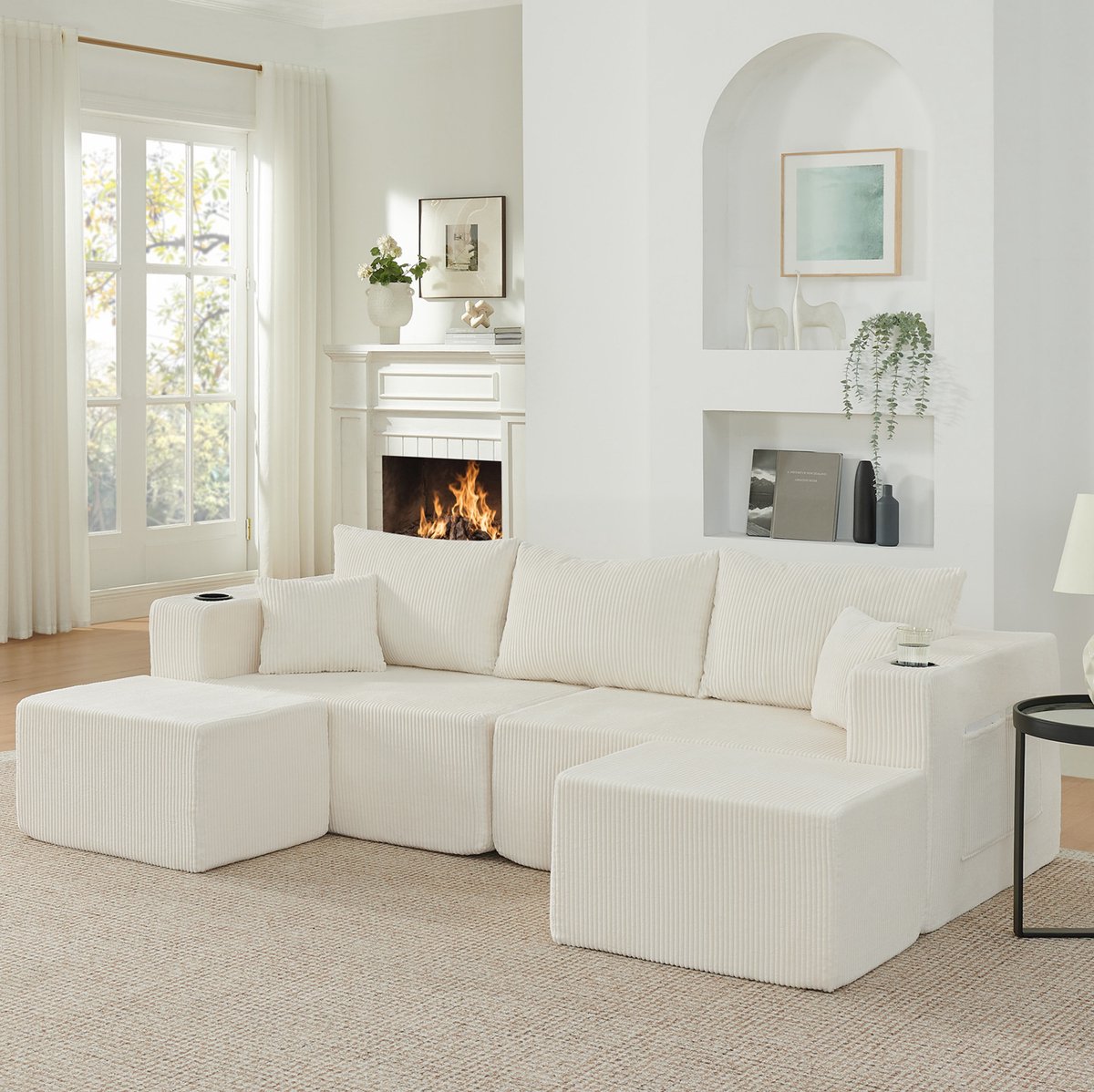 FloraGrace Hoekbank – 3-Zits Modulaire L-Vorm Met Beweeglijke Ottomanen – Met Bekerhouders, Zijvakken & Kussens – Voor Woonkamer Of Hotel – Cordstof – Beige
