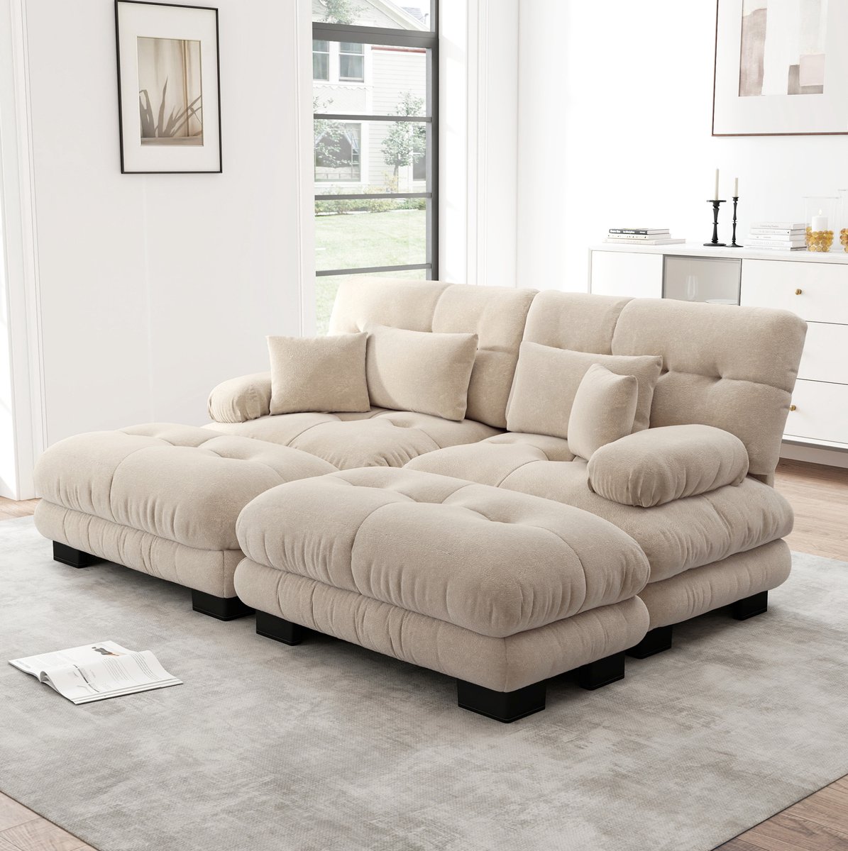 FloraGrace Hoekbank 220 x 145 x 81 cm - Modulair Met 2 Ottomans, 2 Lendenkussens En 2 Sierkussens - Woonkamer - Chenille - Licht Koffie