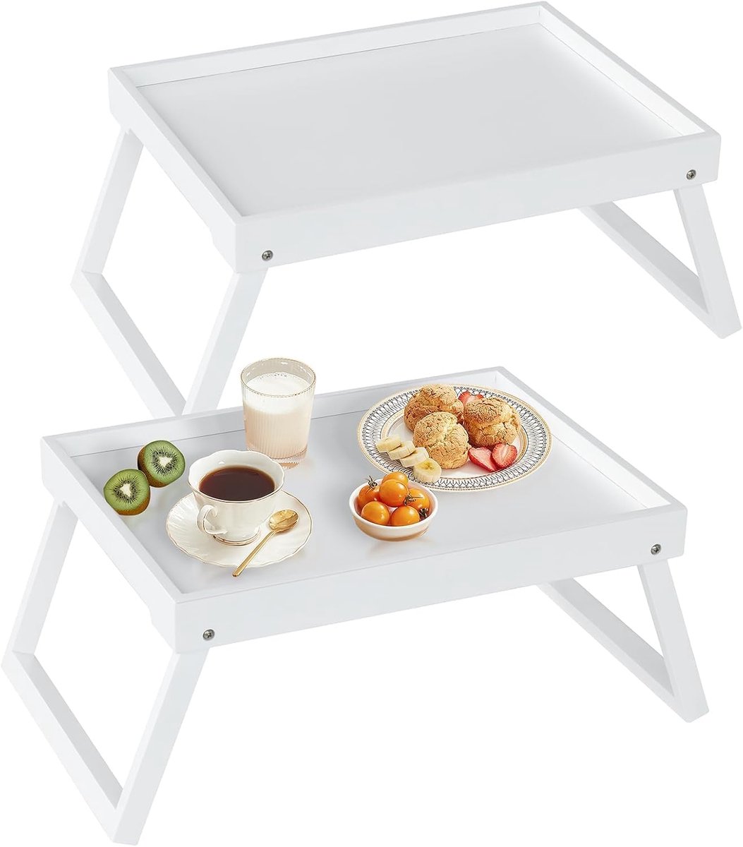 Beddienblad van bamboe met inklapbare poten, ontbijtdienblad in bed, serveerdienblad voor de keuken, serveerdienblad, eettablet, bank, snack (wit)
