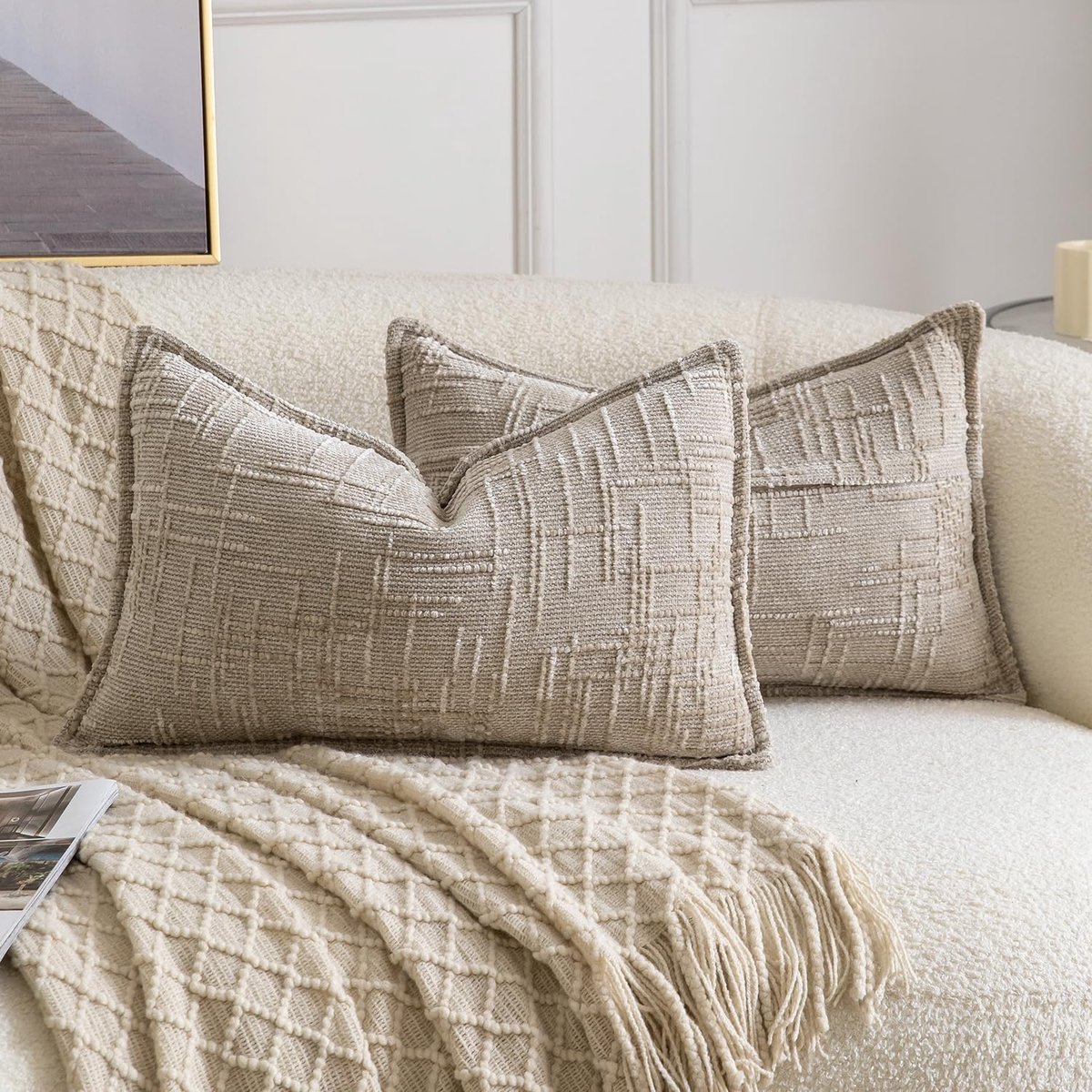 Set van 2 Chenille Kussenslopen Zachte Neutrale Decoratieve Kussens voor Sofa Boho Accent Kussensloop Covers voor Slaapkamer Woonkamer 40x80 cm Taupe
